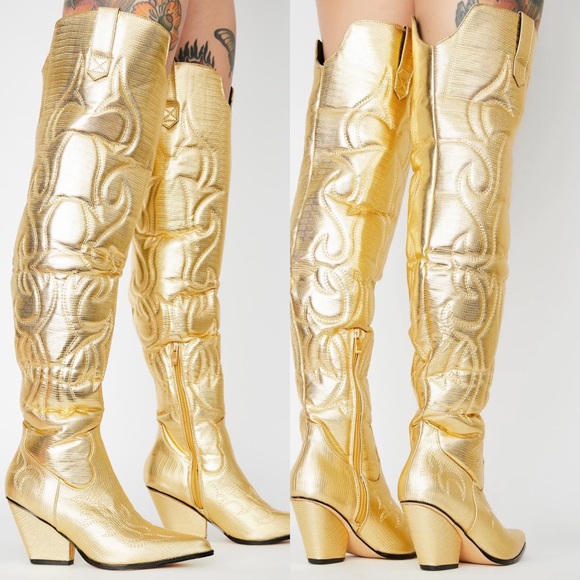 Dolls Kill Shoes Dolls Kill Otk Thigh High Cowboy Boots Gold 65 New